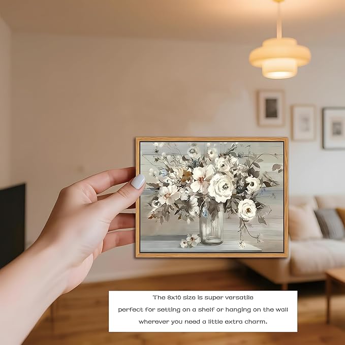 SAMHOU Floating Framed Canvas Wall Art, Vintage White Floral Poster Prints, Nature Plant Picture Wall Decor, Modern Farmhouse Painting Decor for Living Room Kitchen Bathroom Bedroom 8x10 inch