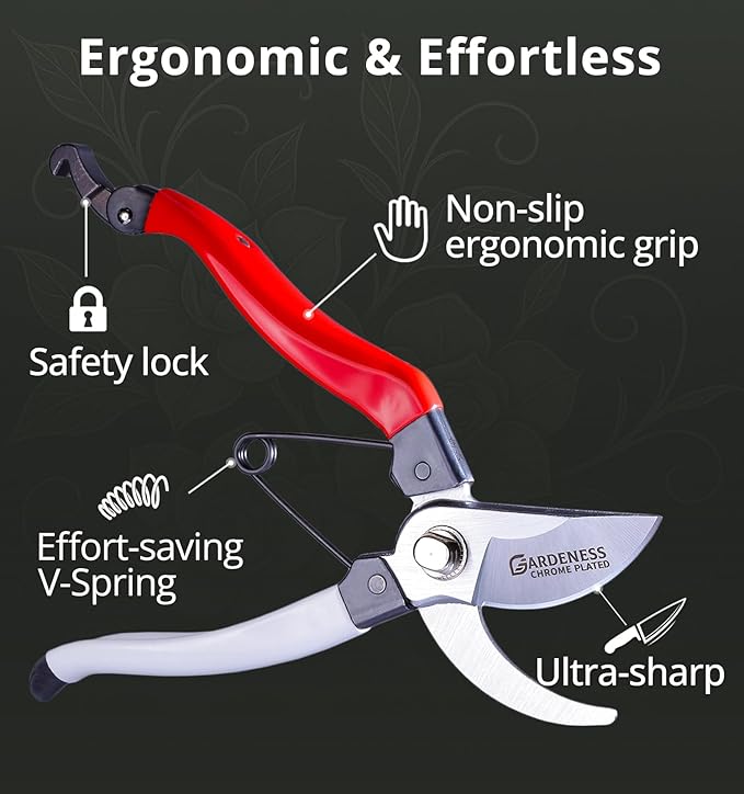 Gardeness Japanese Pruning Shears, Professional Bypass Heavy Duty Garden Pruner Secateurs – Lightweight Easy Grip Hand Pruners Branch Clippers for Gardening, Trimming, Harvesting. Made in Taiwan