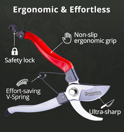Gardeness Japanese Pruning Shears, Professional Bypass Heavy Duty Garden Pruner Secateurs – Lightweight Easy Grip Hand Pruners Branch Clippers for Gardening, Trimming, Harvesting. Made in Taiwan