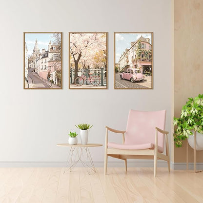 Ausril Italy Pink Cityscape Framed Canvas Wall Art Set, Romantic Flower Street Wall Decor, Vintage Travel City Wall Painting, Italian Pink Bike Art Prints for Living Room, Bedroom, Office - 24"X36"X3