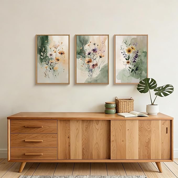 Large Vintage Wildflower Framed Canvas Wall Art,Rustic Watercolor Flowers Wall Decor,Boho Botanical Print,Retro Green Floral Artwork for Living Room,Bedroom,Dining Room -24"x36"x3