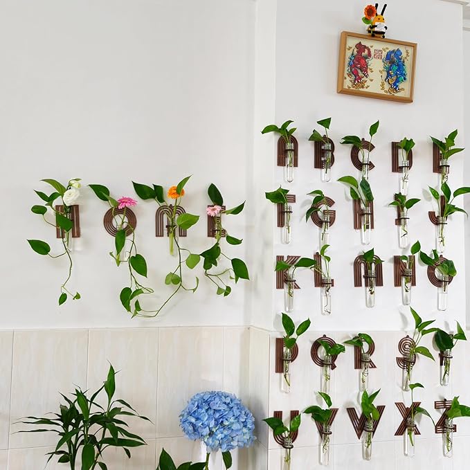 Wood Letter Wall Planter Terrariums Propagation Station with Test Tube Clear Flower Vase for Hydroponics Custom Vertical Garden Walnut DIY Home Decor Hanging Plant Holder Alphabet