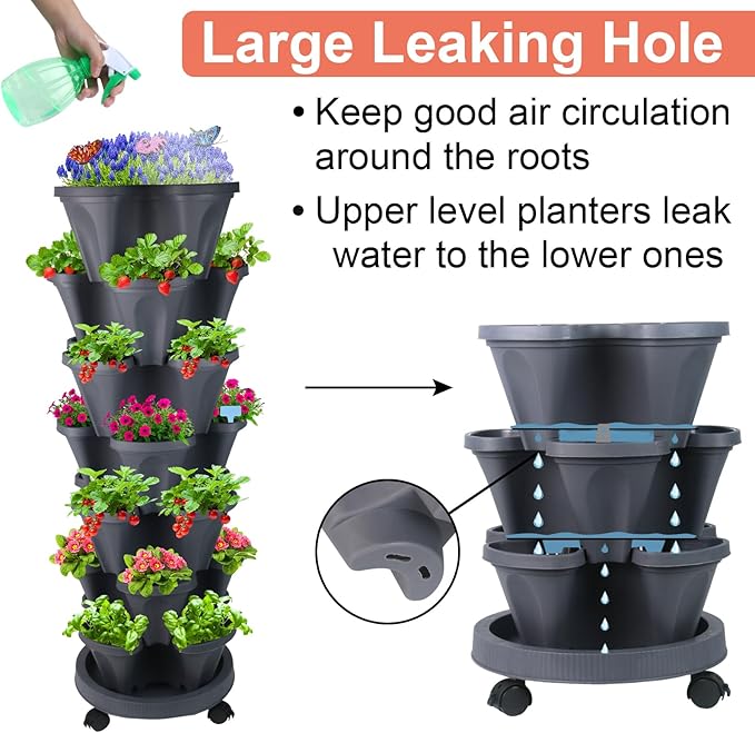 GameXcel Vertical Planter, 7 Tier Stackable Strawberry Planter with Garden Tool Set, Movable Indoor/Outdoor Garden Herb Pot for Growing Vegetables and Succulents, Dark Gray