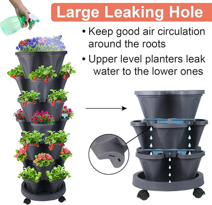 GameXcel Vertical Planter, 7 Tier Stackable Strawberry Planter with Garden Tool Set, Movable Indoor/Outdoor Garden Herb Pot for Growing Vegetables and Succulents, Dark Gray