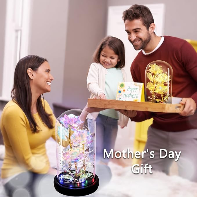 Valentines Gifts for Her,Birthday Gifts for Women,Colorful Flowers Rose in Glass Dome,Galaxy Flowers Rose with 2 Lighted Mode,Rainbow Rose Flower Gifts for Women,Valentines Gifts for Girlfriend