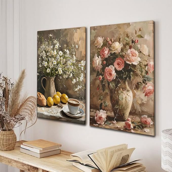 Kdyudo 2 pcs Vintage Floral Canvas Framed Wall Art French Country Pink Rose Oil Painting Print Daisy Lemon Still Life Kitchen Poster Artwork Suitable for Living Room Dining Room Wall Decor 12x16 inch