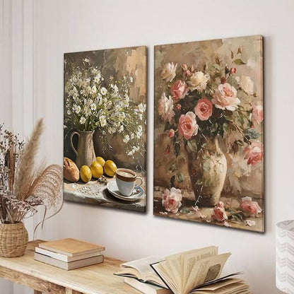 Kdyudo 2 pcs Vintage Floral Canvas Framed Wall Art French Country Pink Rose Oil Painting Print Daisy Lemon Still Life Kitchen Poster Artwork Suitable for Living Room Dining Room Wall Decor 12x16 inch