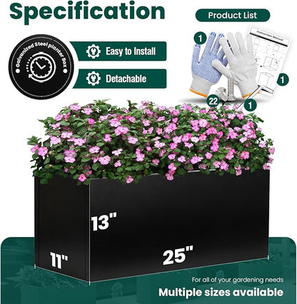 Metal Rectangular Planter Black Galvanized Steel Rectangle Indoor Planter Box Large Outdoor Planters Steel 25" L x 11" W x 13" H Commercial Residential for Patio, Yard, Garden