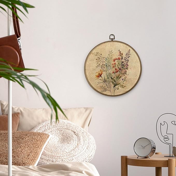 MAQIKA Boho Floral Framed Wall Art Decor, Vintage Floral Wall Art, Retro Wildflower Round Wall Hanging Decor, Framhouse Botanical Canvas Prints Wall Art for Bathroom Nursery Living Room, 10x10 Inch