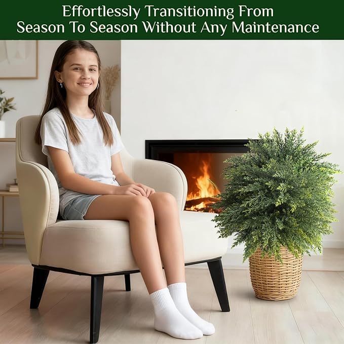 2-Pack Artificial Cedar Topiary Ball Trees 22" Outdoor UV Resistant Faux Cypress Shrubs with Ground Spike, Realistic Evergreen Bushes for Front Porch, Garden, Backyard, and Indoor Decor