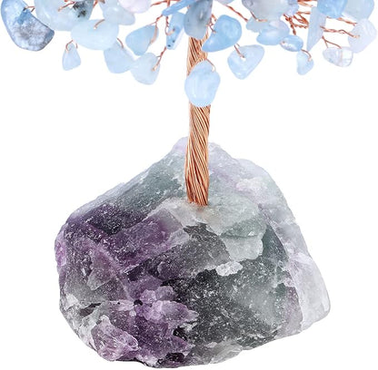 Jovivi Natural Aquamarine Crystal Tree, Raw Healing Crystals Fluorite Base Bonsai Money Tree for Home Office Table Decor Wealth and Luck