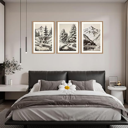 HOURIA Vintage Sketch Pine Tree Mountain Framed Canvas Wall Art Set,Moody Retro Antique Wilderness Botanical Ridge Decor,Modern Natural Black White Artwork for Living Room,Bedroom,Farmhouse- 24"x36"x3