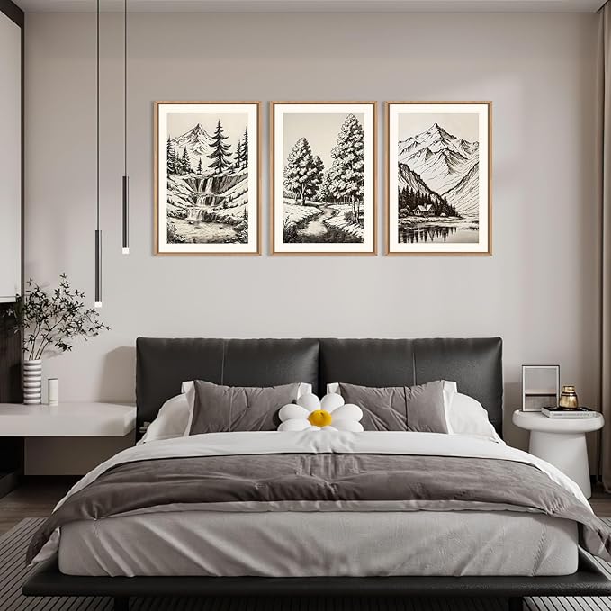 HOURIA Vintage Sketch Pine Tree Mountain Framed Canvas Wall Art Set,Moody Retro Antique Wilderness Botanical Ridge Decor,Modern Natural Black White Artwork for Living Room,Bedroom,Farmhouse- 16"x24"x3