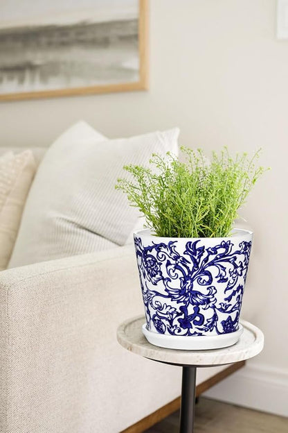 Blue and White Ceramic Planters Pots, Ceramic Flower Pots with Drainage Hole & Saucer, Indoor/Outdoor Ceramics Plant Pot for Succulents, Cactus, Flowers, Garden Home Tabletop Decor, 5+4 Inch Set of 2