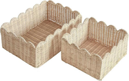 Scalloped Edge Basket, Wicker Storage Baskets, Hand Woven Baskets for Shelves,Natural Baskets for Organizing (S+M-Rattan)