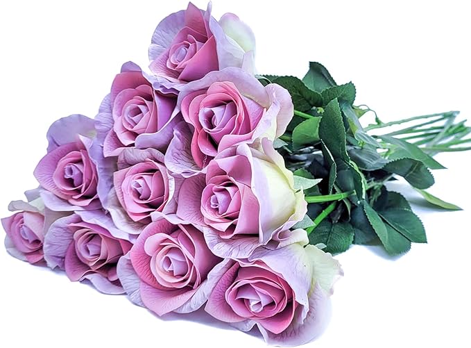 10 Single 26inch Real Touch Artificial Roses - Long Stem Fake Silk Flowers with Leaves, Looking Real, for Tall vase, Wedding, Home Decor, Centerpieces, Office Party, (10,Lav Gray)
