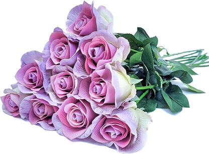 10 Single 26inch Real Touch Artificial Roses - Long Stem Fake Silk Flowers with Leaves, Looking Real, for Tall vase, Wedding, Home Decor, Centerpieces, Office Party, (10,Lav Gray)
