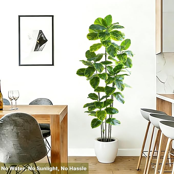 Ficus Tree Artificial Plants Indoor, 6FT Tall Fake Trees in White Pot, Large Potted Silk Floor Plant Artificial Trees, Green Lifelike Faux Ficus Tree for Home Room Office Porch Decor-Yellow