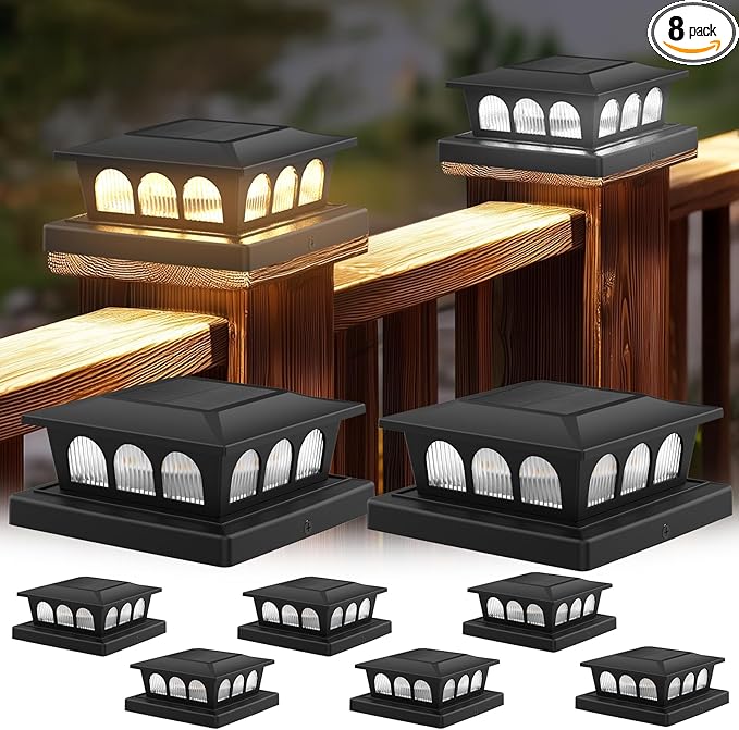 8 Pack Solar Post Cap Lights, Warm White & Cool White Auto On/Off, Waterproof Fence Post Solar Lights for 4x4 5x5 6x6 Wood/Vinyl Posts, Fence, Deck, Patio, Garden Decor (Black)