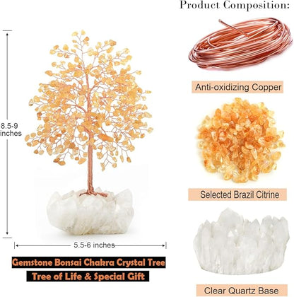 Gemstone Crystal Tree of Life,Natural Citrine with Row Clear Quartz Base,Chakra Healing Crystals Positive Energy Fengshui Decor Bonsai Money Tree,Home Decor Gift Height 8.5-9 Inches