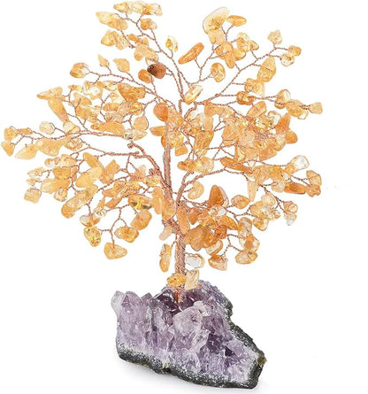Natural Citrine Crystal Tree with Amethyst Geode Base,Healing Crystals Feng Shui Bonsai Money Tree,Chakra Balancing Positive Energy Home Decor 5.5"-6.3"
