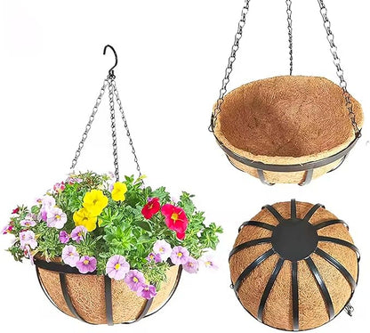 4 Pack 14 Inch Hanging Planters for Outdoor Plants Metal Hanging Planter Basket with Coco Coir Liner Round Plant Black Flat Iron Metal Flower Pots for Deck Patio Porch Garden Balcony