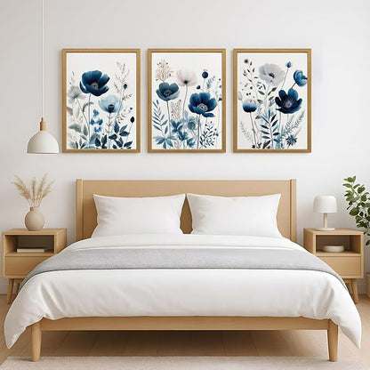 LLEEMPI Navy Blue Floral Wall Art Set of 3, Modern Wildflower Wall Decor, Watercolor Botanical Canvas Paintings, Classic Minimalist Poster Prints for Bedroom Bathroom Office Wood Framed 12x16 Inch