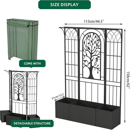 Metal Planter Box with Greenhouse Cover, Raised Garden Bed with Trellis Privacy Screen, 62 inch Tall Planter Boxes for Climbing Plants, Flowers, Vegetables, Fruits, Balcony and Patio Decor (Black)