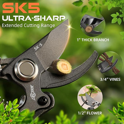 DECERK 8.5" Professional Pruning Shears - Cuts 4X Easier with Ultra Sharp Japanese Steel Titanium Blade, Arthritis Friendly Garden Scissors & Plant Clippers, Effortlessly Prunes 3/4" Branches