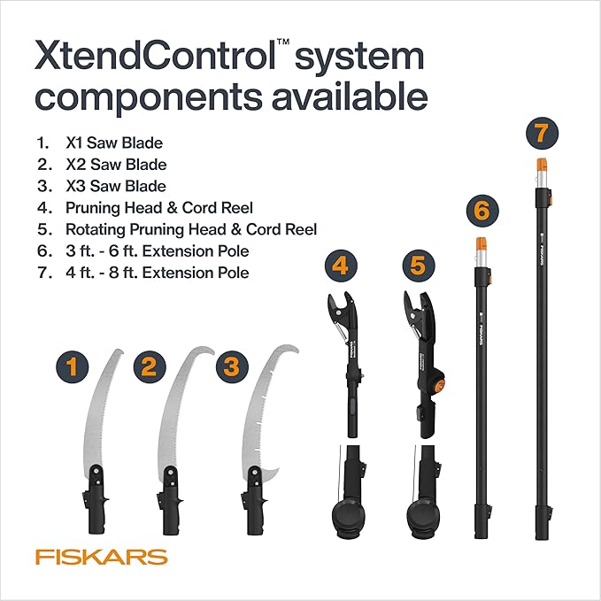 Fiskars XtendControl Extendable Tree Pruner (6 ft), Pole Saw, Adjustable Branch Trimmer with 15" X1 Saw and Hand Saw, 3-6 ft Extension Pole, and Secure Locking System for Precision Cutting