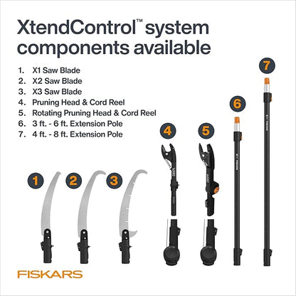 Fiskars XtendControl Extendable Tree Pruner (6 ft), Pole Saw, Adjustable Branch Trimmer with 15" X1 Saw and Hand Saw, 3-6 ft Extension Pole, and Secure Locking System for Precision Cutting