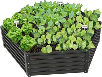 A ANLEOLIFE Hexagon Galvanized Metal Raised Garden Bed Outdoor, 70x60x18in Deep Metal Planter Box for Flowers, Herbs & Vegetables, 18'' Tall Decorative Raised Bed, Quartz Grey