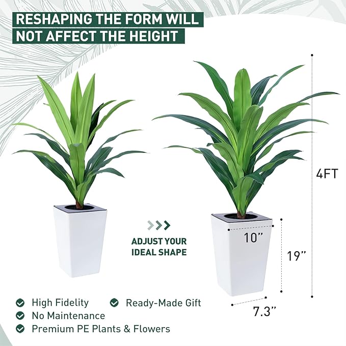 4FT Artificial Dracaena Tree with White Tall Planter-Tall Potted Faux Plants Indoor -Fake Floor Plant for Home Office Living Room Outdoor