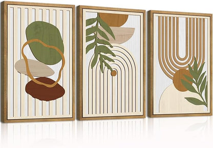 DRACIT Large Sage Green Boho Wall Art Set Abstract Modern Geometric Wood Wall Decor Mid Century Neutral Artwork Bohemian Art Decor for Living Room Bedroom Office-16x24Inch x3