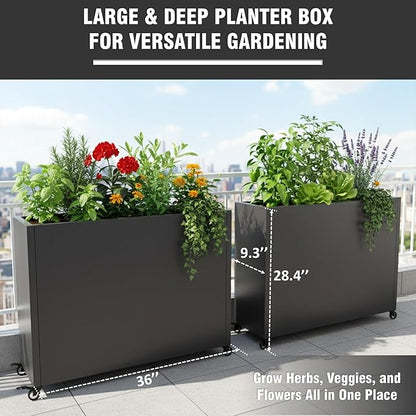 36" L x 9.3" W x 28.4" H Metal Planter Box with Wheels & Removable Shelf – Rolling Raised Garden Bed with Smart Drainage System, Rustproof Outdoor Planter for Patio, Balcony & Modern Décor