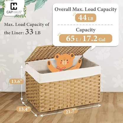 CAPHAUS Foldable Laundry Basket w/Lid, Synthetic Rattan Hamper w/Handles, 2 Removable Liner Bags, Large Storage Basket, 65L, Natural