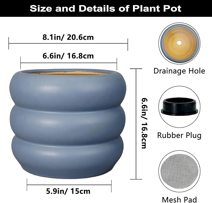SQOWL Ceramic Pot for Plants - 8 Inch Plant Pot with Drainage Hole Planter for Indoor Plants Outdoor Flower Pot Decorative Plant Pot Unique Planter for Room Decorations Gray