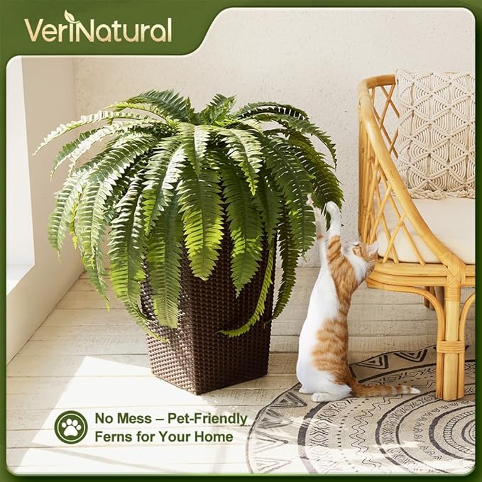 48" Boston Ferns Artificial Outdoor Plants - 39 Fronds UV Resistant Faux Greenery with Taper Planter- Realistic Fake Bushes Front Porch Decor for Garden, Patio, Indoors - Set of 1, VN153