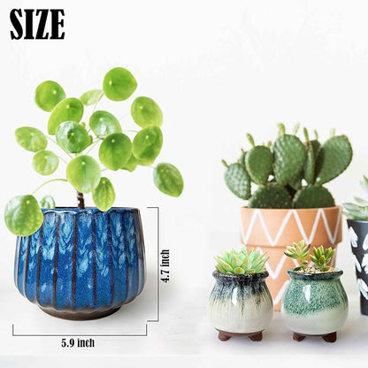 5.5 inch Plant Pot Ceramic，Reactive Glaze Pot with Drainage Hole for Indoor/Outdoor Plants，Breathable Small Cactus Pot Glazed Blue