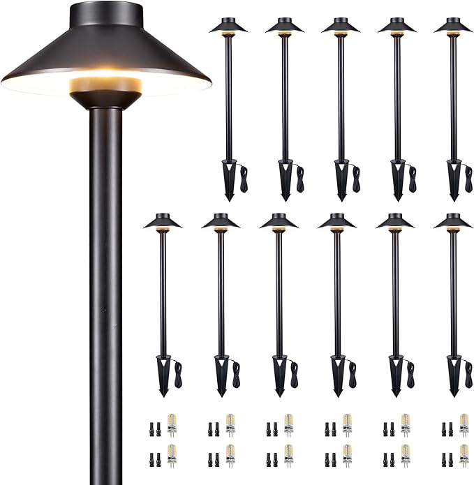 Gardenreet Low Voltage Landscape Lighting Brass, 12v Pathway Lights Waterproof, Hard Wired Path Light Outdoor, Black for Exterior Area Patio House with 3W 270LM 4000K Neutral White G4 Bulb (12 Pack)