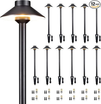 Gardenreet Solid Cast Brass Pathway Light - 12v Landscape Path Lights Outdoor Waterproof, Electric Walkway Lamp Wired, Hat Shape Black Garden Decorations with 3W 2700K Warm White G4 Bulb (12 Pack)