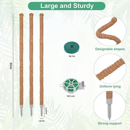 3 Pack Moss Pole, 50 Inch Monstera Plant Support, Tall Moss Poles for Climbing Plants Indoor DIY, Coco Coir Plant Pole Moss Plant Stick Support Stake Kit for Potted Plants, Pothos, Philodendron