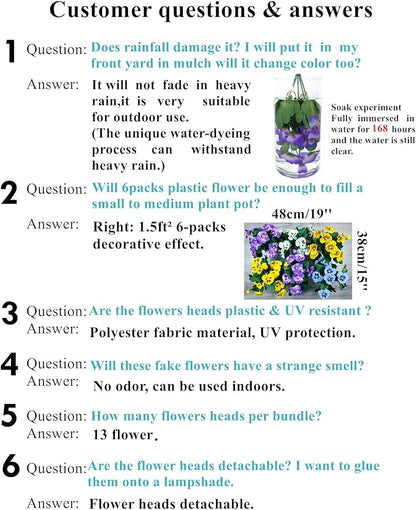 QIANYUN Fake Flowers-13in Pansy Small Wild Flower Artificial Plants Outdoor Plastic Purple Flowers for Home Wedding Kitchen Garden Table Centerpieces Indoor Outdoor Decor (Mixed Color)