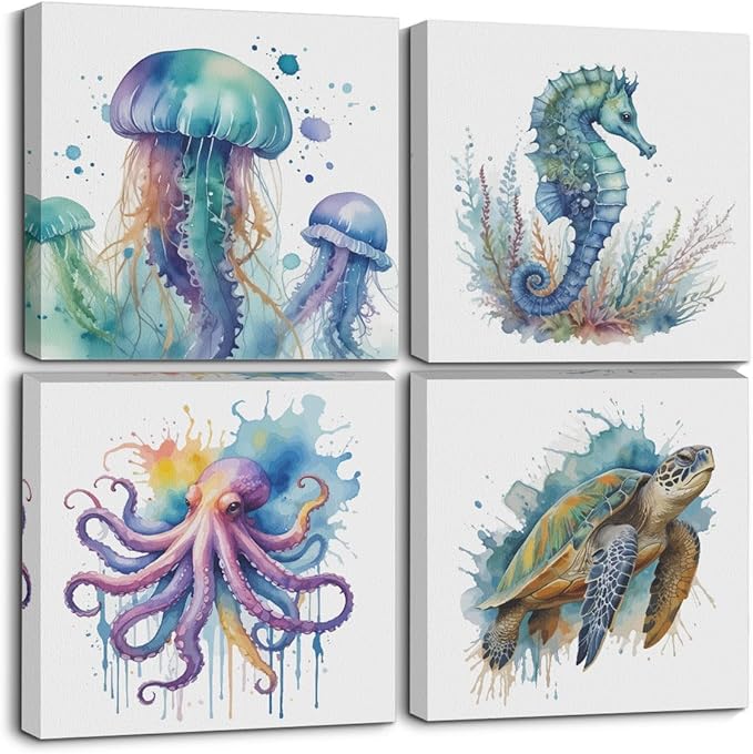 4 Pcs Watercolor Octopus Sea Turtle Seahorse Jellyfish Canvas Wall Art Framed Sea Animals Art Posters Pictures Wall Decor Ocean Canvas Decoration Artwork for Walls Home Living Room Bedroom Office
