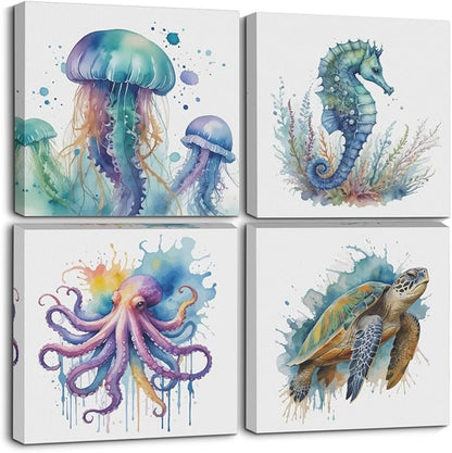 4 Pcs Watercolor Octopus Sea Turtle Seahorse Jellyfish Canvas Wall Art Framed Sea Animals Art Posters Pictures Wall Decor Ocean Canvas Decoration Artwork for Walls Home Living Room Bedroom Office