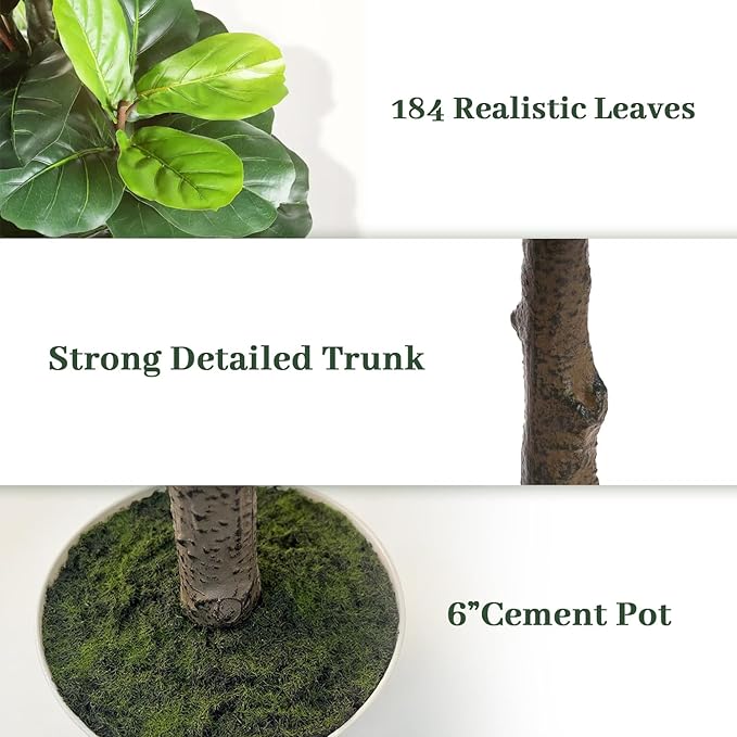 6ft Artificial Fiddle Leaf Fig Tree with 96 Fiddle Leaves, Fake Ficus Trees Indoor with Plastic Nursery Pot, Faux Ficus Lyrata Plant with Fake Moss, adorning The Living Room, Bedroom, and Office