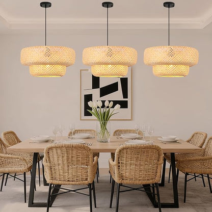17.8 inch Farmhouse Bamboo Pendant Lighting Handmade Woven Chandelier Beige Bohemian Hanging Light Fixture for Kitchen Island Dining Room Living Room Coffee Restaurant
