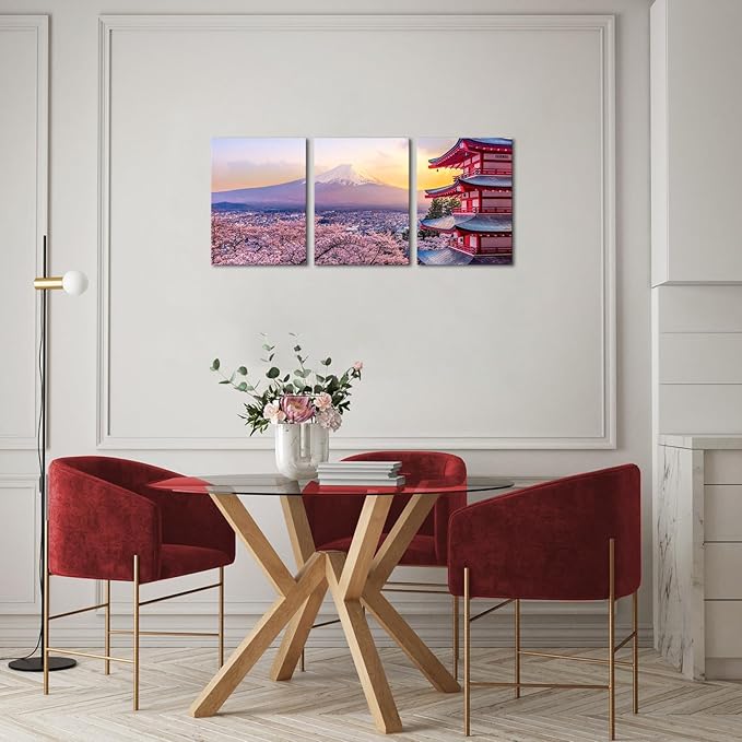 AoArtWZ Mount Fuji Canvas Wall Art Kyoto Cherry Blossom Japanese Landscape Pictures Print Artwork for Home Office Living Room Decor Framed 12" x 16" x 3Pcs