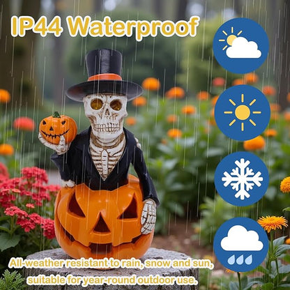Solar Outdoor Decorations Wizard Skeleton with Pumpkin Figurine Lights, Fall Pumpkin Garden Decor for Yard Patio Porch Balcony, LED Skull Gothic Party Accessories, Home Gift for Thanksgiving Harvest