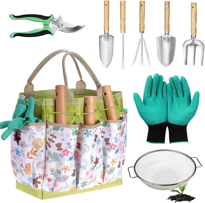 Garden Tool Set Heavy Duty,Sand Soil Compost Sifter 1/4 Inch Mesh,Stainless Steel Tools with Organizer Bag,Gardening Kit for Weeding, Planting, Digging,Gardening Gifts for Women Novice Gardener